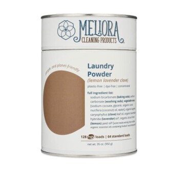 Meliora Cleaning Products Laundry Powder Detergent packaging in a steel canister.