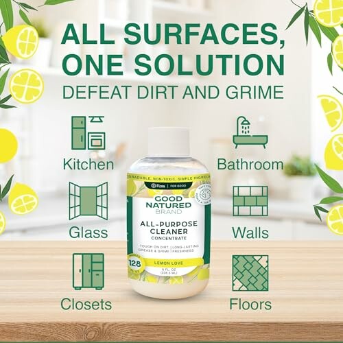 All-purpose cleaner bottle with icons for kitchen, bathroom, glass, walls, closets, and floors.