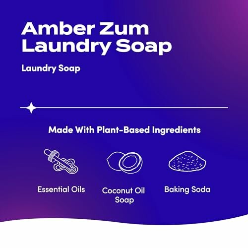 Amber Zum Laundry Soap with plant-based ingredients: essential oils, coconut oil soap, baking soda.