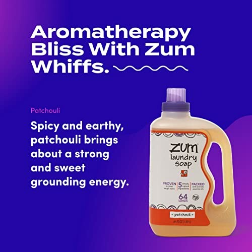 Zum laundry soap with patchouli scent and aromatherapy benefits.