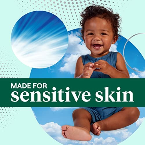 Smiling baby with text 'Made for sensitive skin'.