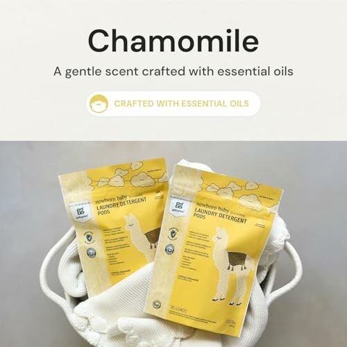 Chamomile scented laundry detergent pods in a basket.