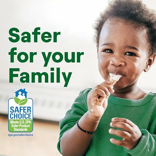 Child eating ice cream with Safer Choice label and text 'Safer for your Family'.