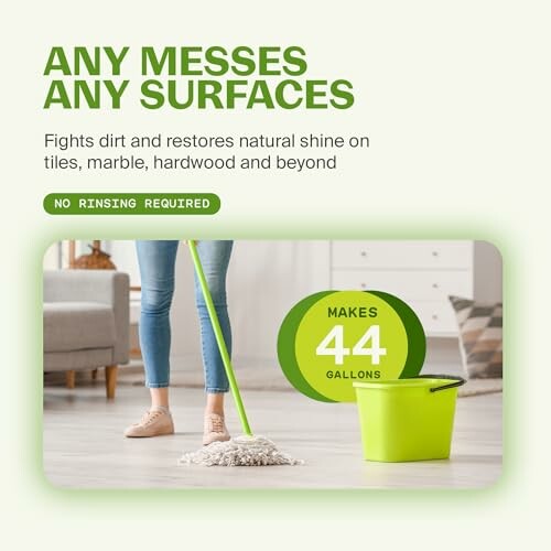 Person mopping floor with green bucket, highlighting cleaning product benefits.