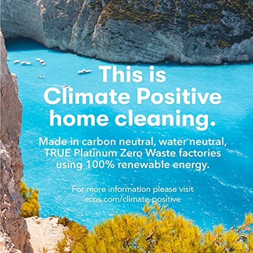 Climate Positive home cleaning advertisement with blue water and cliffs.