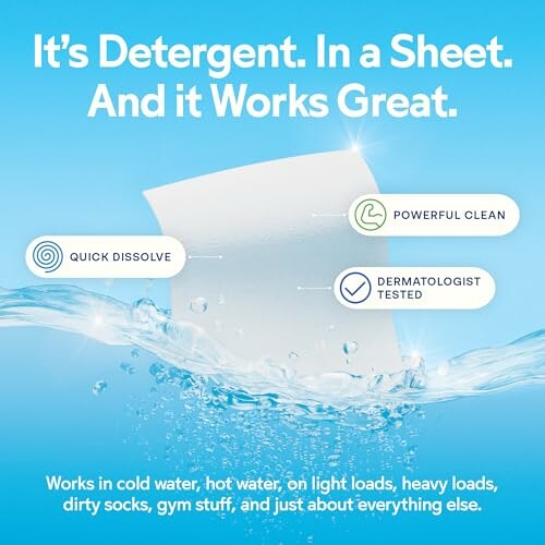 Detergent sheet advertisement highlighting features like quick dissolve, powerful clean, and dermatologist tested.