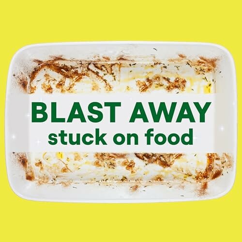 Dirty dish with text 'Blast Away stuck on food'.