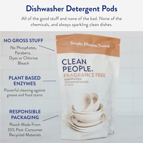 Clean People fragrance-free dishwasher detergent pods with eco-friendly packaging.