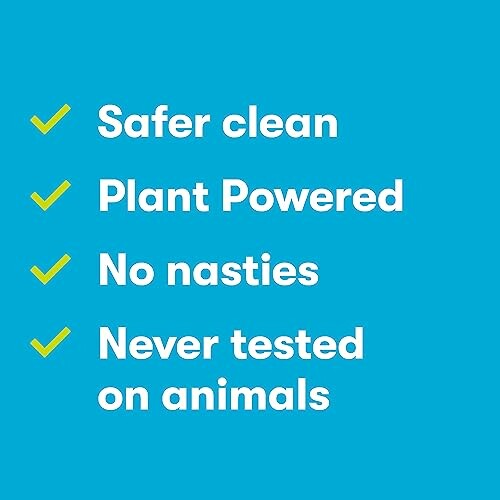 Checklist with claims: Safer clean, Plant Powered, No nasties, Never tested on animals.