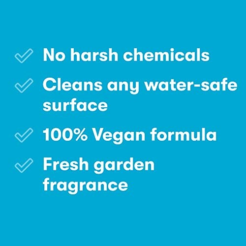 Checklist highlighting features: no harsh chemicals, cleans any water-safe surface, 100% vegan formula, fresh garden fragrance.