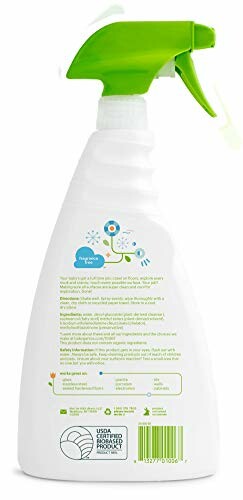 Back of a spray bottle with green trigger and eco-friendly labeling.