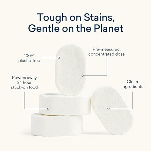 Eco-friendly cleaning tablets with features like 100% plastic-free and concentrated dose.