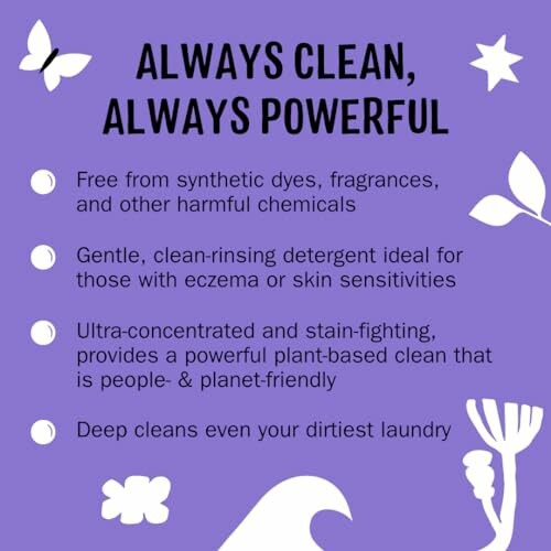 List of benefits for an eco-friendly laundry detergent on a purple background.