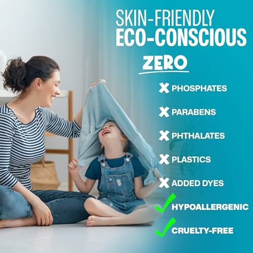 Mother and child playing with a blue blanket, promoting skin-friendly and eco-conscious products with no phosphates, parabens, phthalates, plastics, or added dyes, and marked as hypoallergenic and cruelty-free.