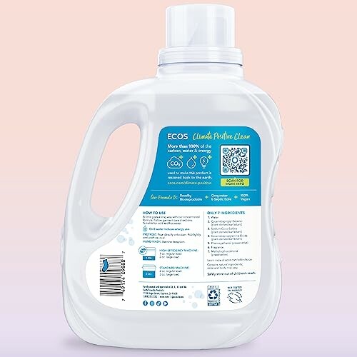 Back view of ECOS laundry detergent bottle with instructions and QR code.