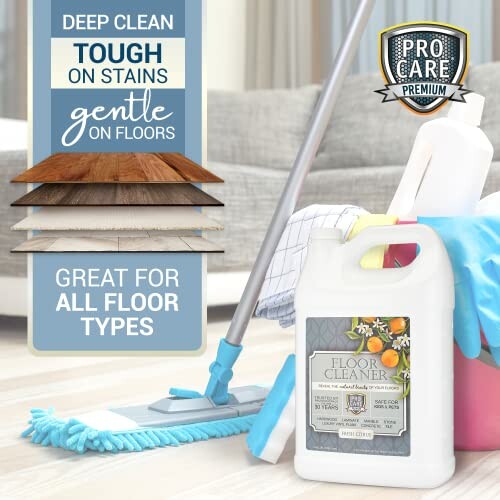 Floor cleaner ad showing mop, cleaning supplies, and product benefits.