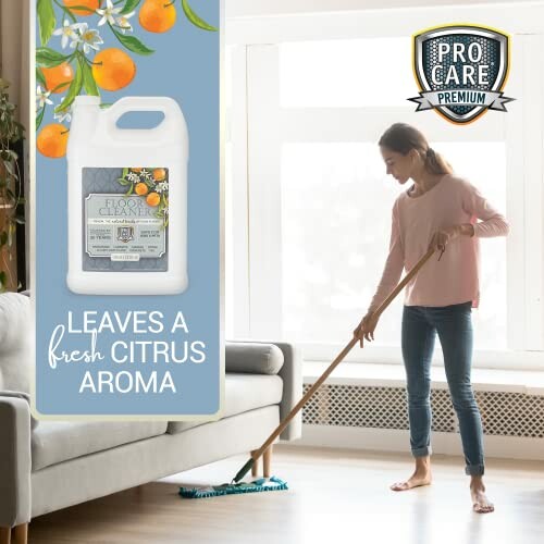 Person mopping floor with Pro Care citrus aroma cleaner