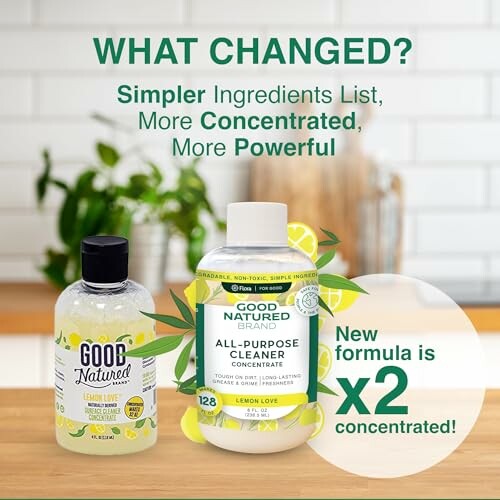 Comparison of Good Natured cleaner bottles highlighting new formula with simpler, more concentrated ingredients.