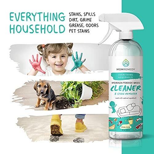 Hydrogen peroxide-based cleaner with spray bottle and cleaning scenes.