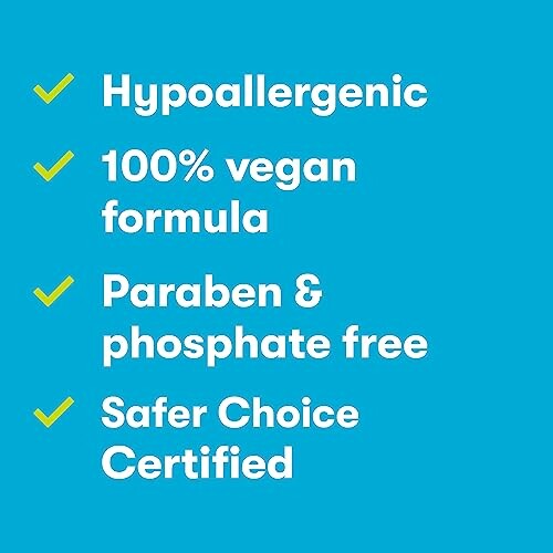 Image with checkmarks highlighting hypoallergenic, 100% vegan formula, paraben and phosphate free, and Safer Choice Certified.