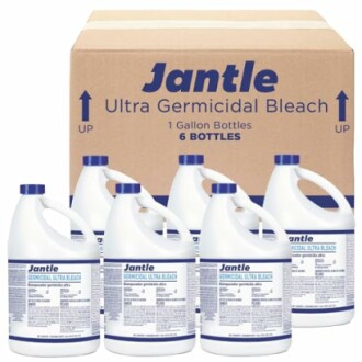 Jantle Ultra Germicidal Bleach 1-gallon bottles in front of a cardboard box.