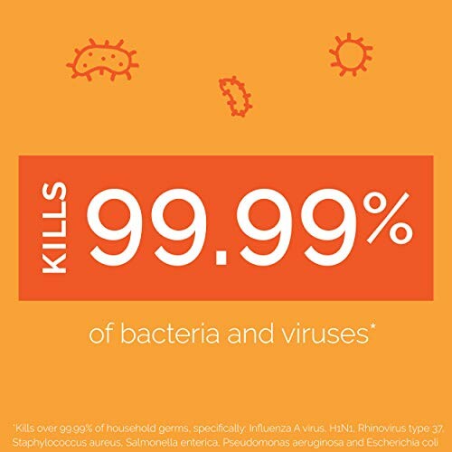 Kills 99.99% of bacteria and viruses, orange background.