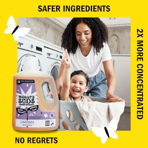 Parent and child in laundry room with Molly's Suds detergent.