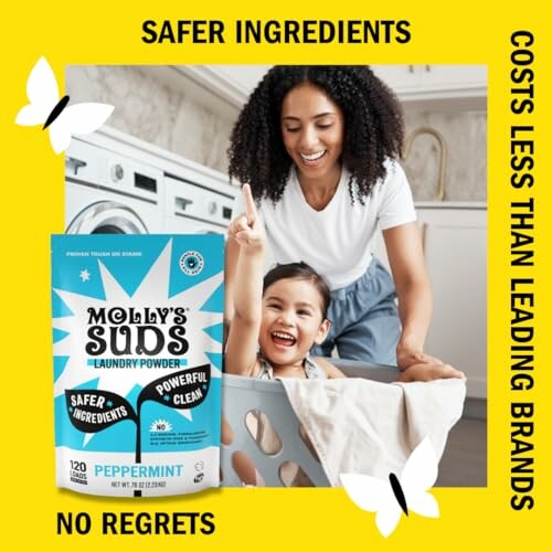 Woman and child with Molly's Suds laundry powder in a laundry room.