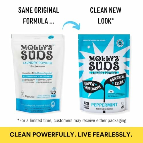 Molly's Suds laundry powder old and new packaging comparison.