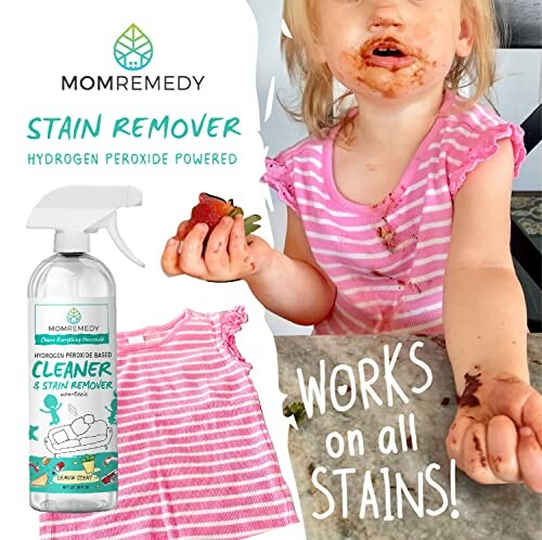 Child with stains and MomRemedy stain remover product.