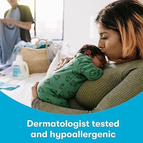 Mother holding baby with text 'Dermatologist tested and hypoallergenic'.