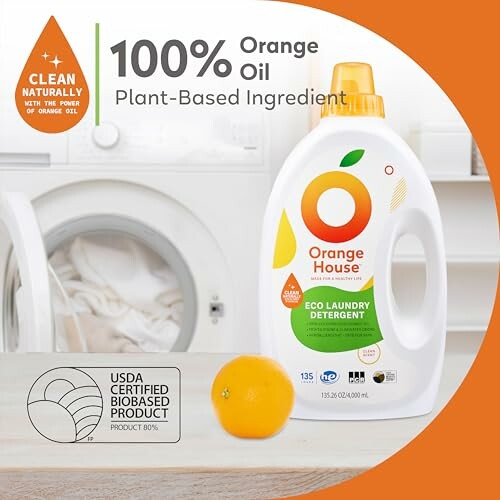 Orange oil eco laundry detergent with plant-based ingredients.