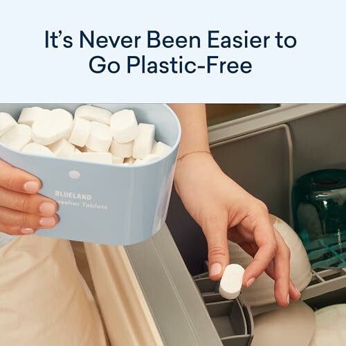 Person placing dishwasher tablet in dishwasher with 'It's Never Been Easier to Go Plastic-Free' text.