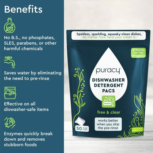 Puracy dishwasher detergent pacs package showcasing benefits.