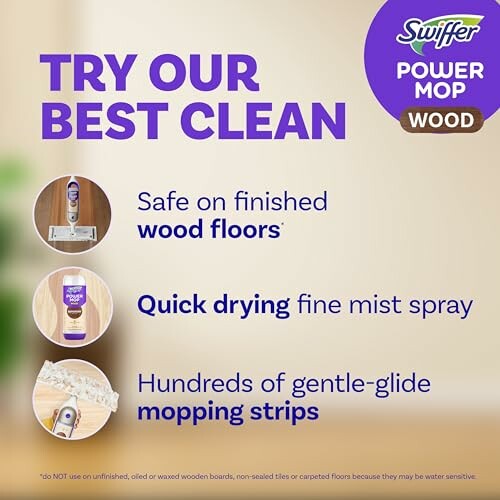 Swiffer Power Mop Wood features and benefits.