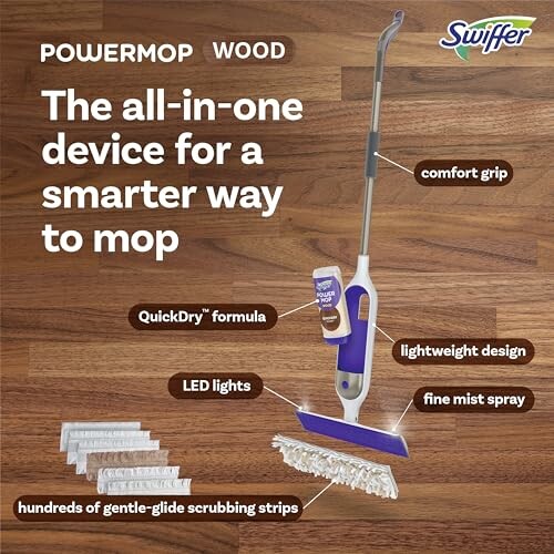 Swiffer Power Mop Wood with features highlighted, including comfort grip and LED lights.