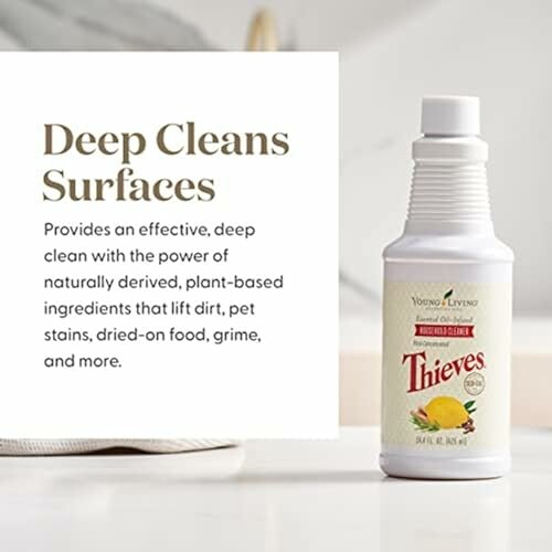 Thieves cleaner bottle on a surface with text about its deep cleaning qualities.