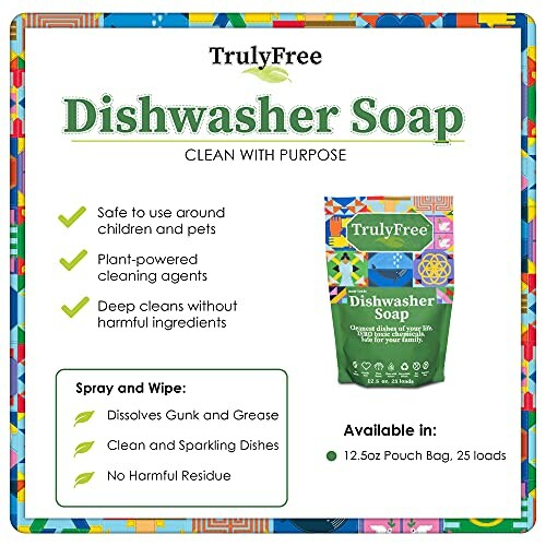 TrulyFree dishwasher soap packaging and features.