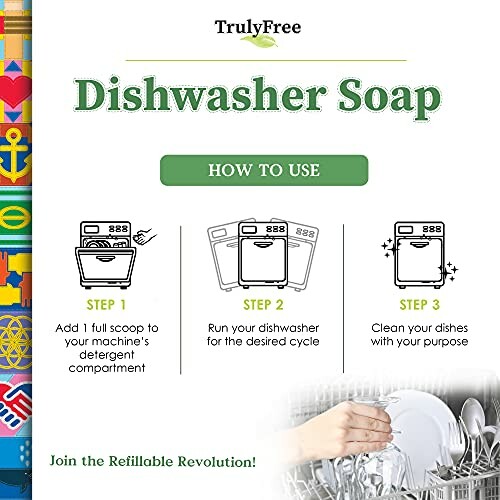 Instructions for using TrulyFree dishwasher soap with three steps: adding soap, running dishwasher, and cleaning dishes.