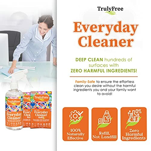 TrulyFree Everyday Cleaner advertisement highlighting zero harmful ingredients.