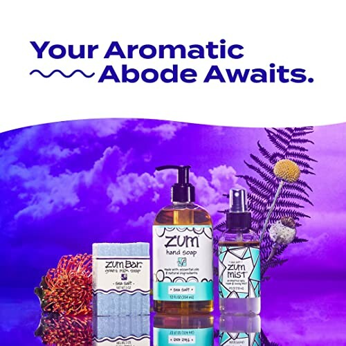 Zum aromatic hand soap, mist, and bar with plants.