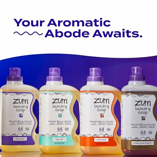 Four bottles of Zum laundry soap with scents lavender, sea salt, patchouli, and frankincense.